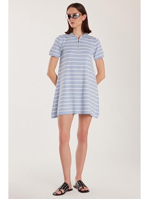 TUDORS Kadın Standart Fit Kısa Kollu Fermuarlı Gömlek Yaka Çizgili Mavi Elbise - S000520495-17234