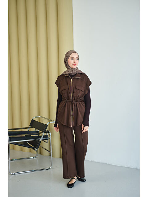 Locco Moda Kadın Beli Ayarlanabilir Gold Fermuar Detay Yelekli Takım Kahverengi - S000494479-19413