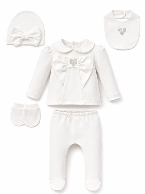 Verona Tarz Kız Bebek 5li Hastane Çıkış Seti 0-3 ay Kalpli Fiyonklu Pamuklu Lüx - S000516728-20063