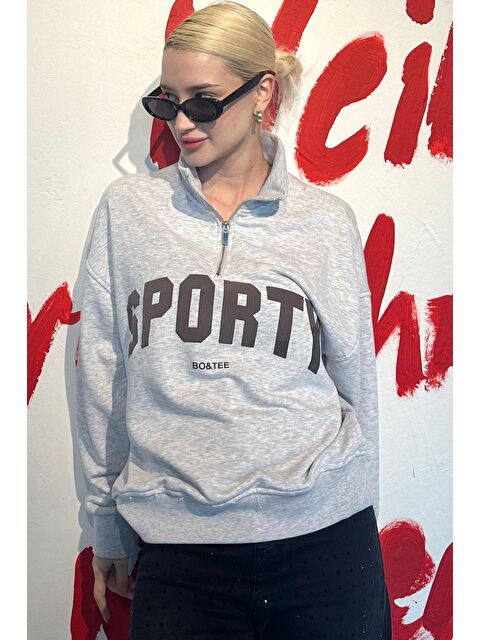 Madmext Karmelanj Yarım Fermuarlı Baskılı Sweatshirt Mg2212 - S000303572-2090