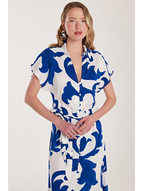 TUDORS Kadın Standart Fit Viskon Düğmeli Bağlama Detaylı V Yaka Elbise - S000520496-23173