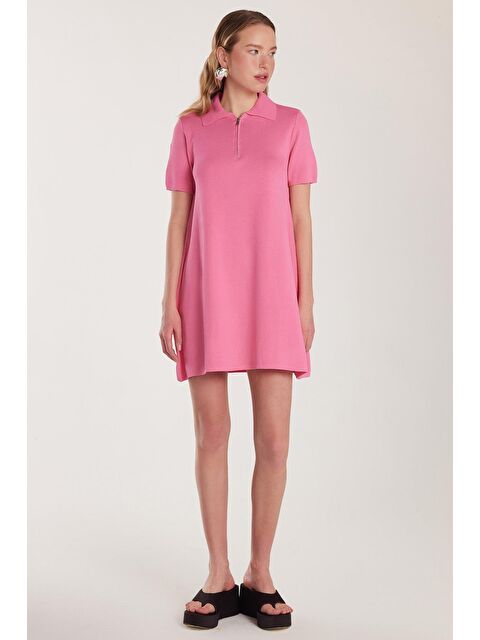 TUDORS Kadın Standart Fit Kısa Kollu Fermuarlı Gömlek Yaka Pembe Elbise - S000520499-20024