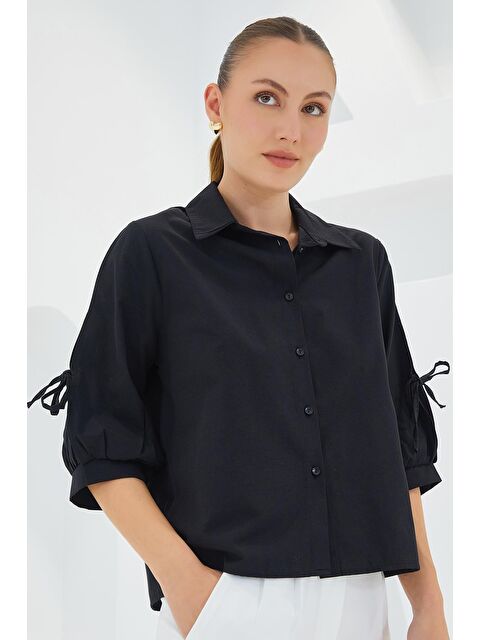 Bigdart Kadın Kol Detaylı Siyah Crop Gömlek 20246 - S000174470-19351