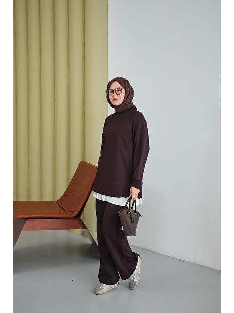 Locco Moda Kadın Yanları Fitilli Fermuarlı Basic Takım Kahverengi - S000494477-19413