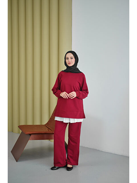 Locco Moda Kadın Yanları Fitilli Fermuarlı Basic Takım Bordo - S000494477-19951