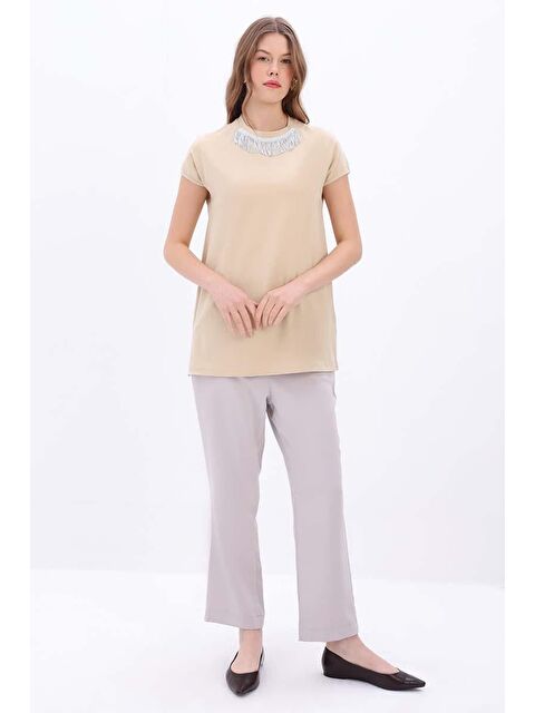 ALLDAY Bej-Pamuklu Püskül Detaylı Kısa Kollu T-Shirt - S000185587-19928