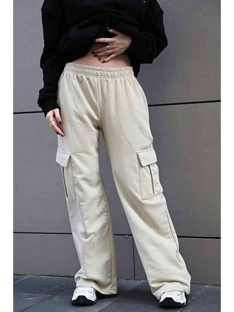 Madmext Kadın Bej Geniş Paça Kargo Cepli Eşofman Altı Mg1615 - S000031385-19928