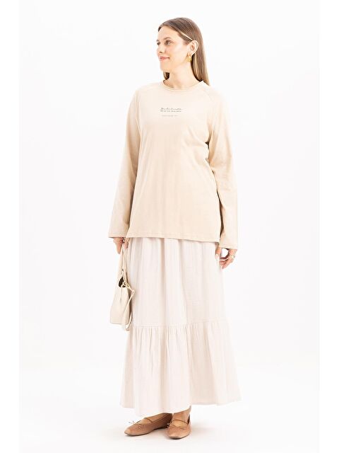 ALLDAY Bej-Uzun Kollu Baskı Detaylı Süprem Tshirt - S000399243-19928