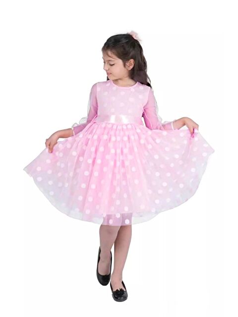 Mnk Baby & Kids Prenses İri Puanlı Tokalı Dantel Kumaş Kız Çocuk Elbise MNK0547 - S000396993-20024