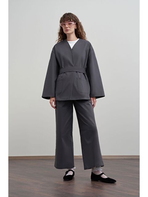 ALLDAY Antrasit-V Yaka Kuşaklı Gabardin Ceket - S000501619-29666