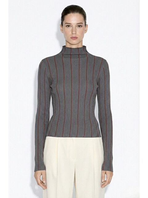Mizalle Antrasit-bordo Dik Yaka Antrasit Bordo Çizgili Triko Kazak - S000513483-29666