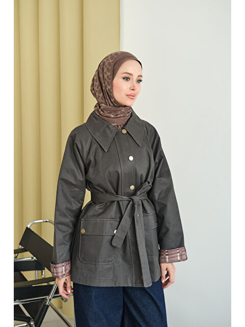 Locco Moda Kadın Bilekleri Ekose Görünümlü Trenç Siyah - S000494482-19351