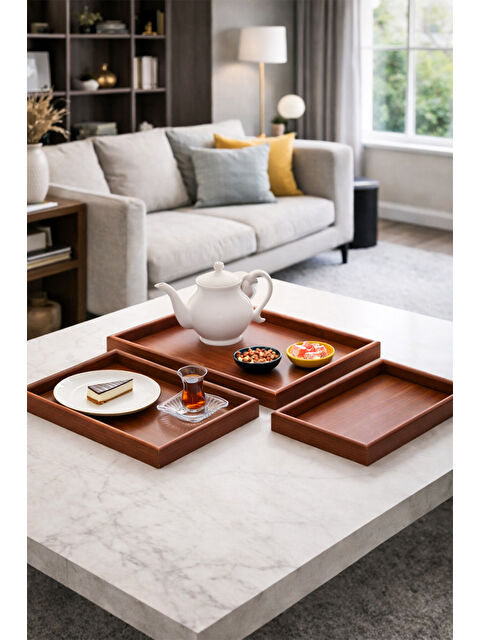 Porsima 130105045 Ahşap Tepsi 3lü Set Çay Kahve Bambu Sunumu Tepsi Seti - S000493852-19413