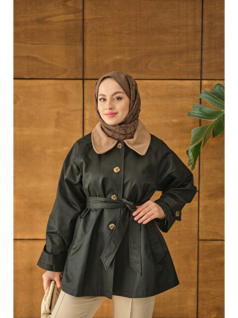 Locco Moda Kadın Yakası Kadife Trenç Siyah - S000492607-19351