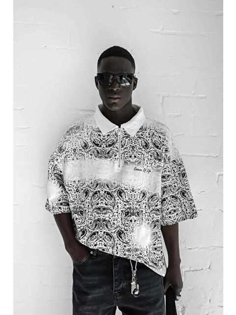 Abluka Online Erkek Polo Yaka Yarım Fermuarlı Baskılı Tişört Beyaz - S000365688-20063