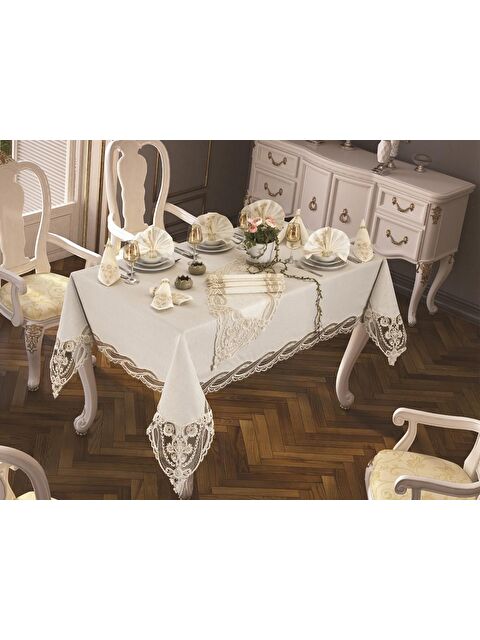 Çeyiz Diyarı Fransız Güpürlü Gonca Tek Masa Örtüsü Krem - S000489716-19966