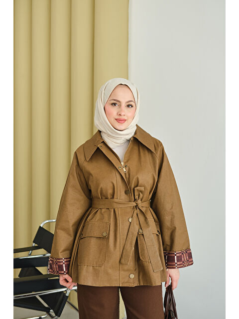 Locco Moda Kadın Bilekleri Ekose Görünümlü Trenç Kahverengi - S000494482-19413