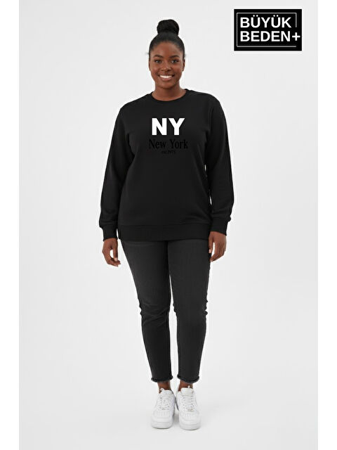Süperlife Kadın Büyük Beden NY Newyork Baskılı Bisiklet Yaka ince Sweatshirt SPR26BSWK956-15 - S000505452-19351