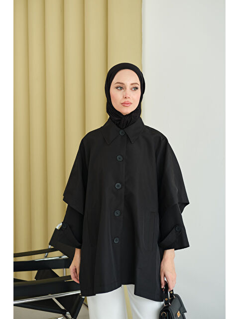 Locco Moda Kadın Pelerin Kol Kısa Trenç Siyah - S000494483-19351