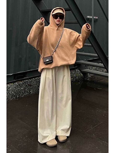 Lamelif Kapüşonlu Salaş Sweatshirt Sütlü Kahve - S000517863-4280