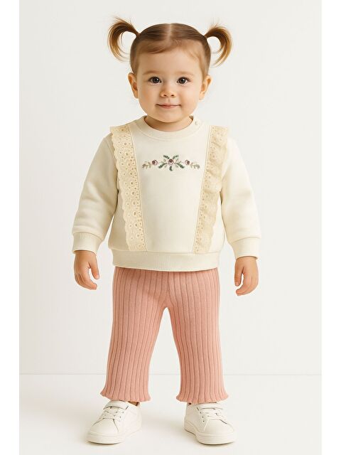 Kidex's Kız Bebek Dantelli Çiçek Nakışlı 2’li Sweatshirt ve Ribana Pantolon Takım
