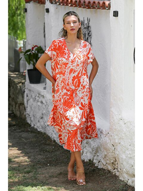 Chiccy Turuncu-Beyaz V Yaka Düşük Kol Allover Baskılı Dokuma Casual Elbise - S000359051-37462