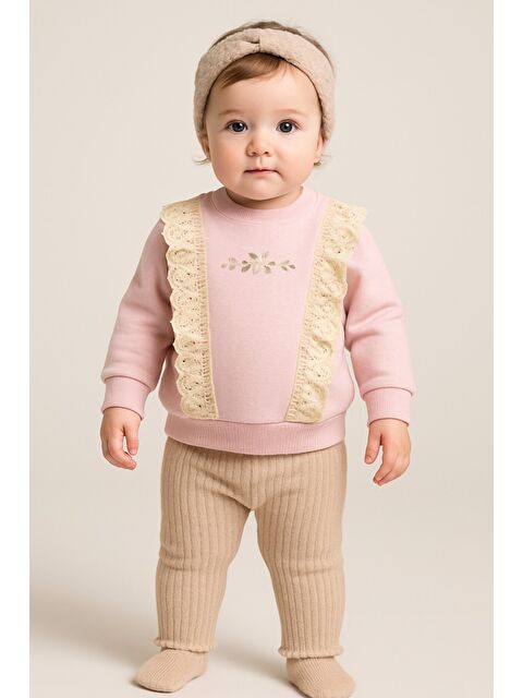 Kidex's Kız Bebek Dantelli Çiçek Nakışlı 2’li Sweatshirt ve Ribana Pantolon Takım
