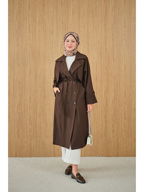 Locco Moda Kadın Kruvaze Yaka Bel Bağlamalı Çift Cepli Trenç Kahverengi