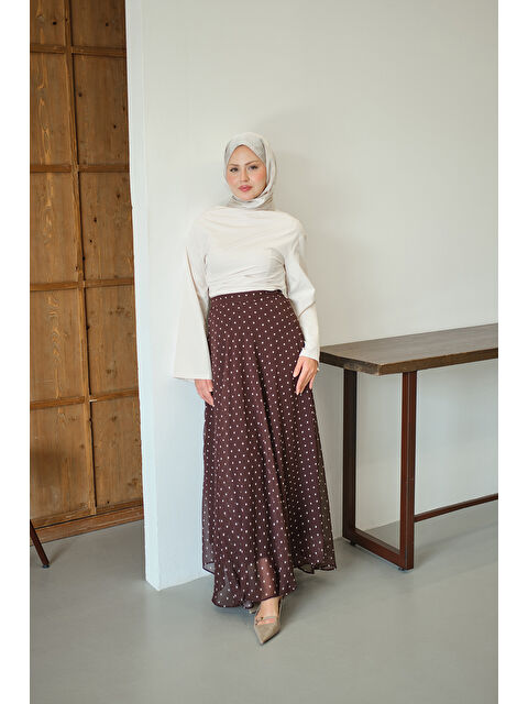 Locco Moda Kadın Puantiye Detay Şifon Etek Kahverengi