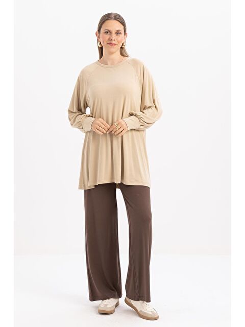 ALLDAY Bej-Pamuklu Kolları Büzgülü Uzun Kollu Elastanlı T-Shirt - S000501715-19928