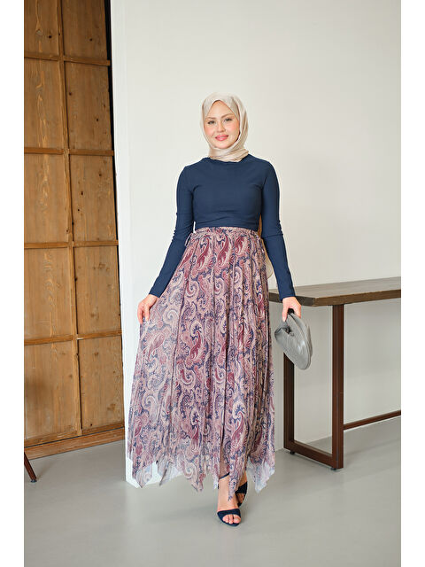 Locco Moda Kadın Asimetrik Kesim Etnik Desenli Şifon Etek Vişne Çürüğü