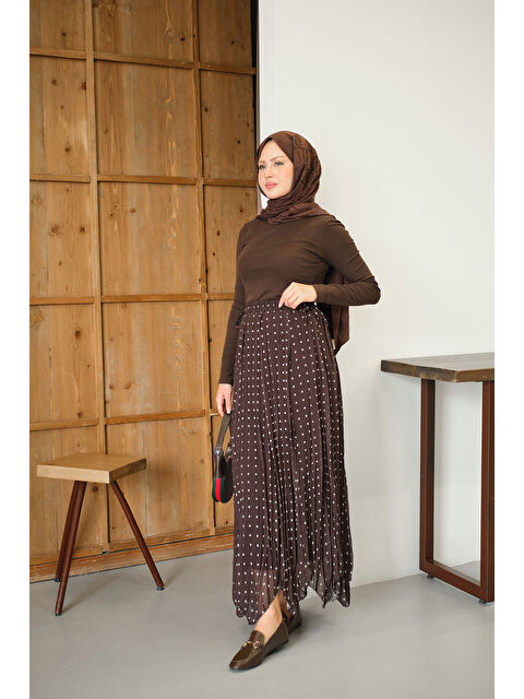 Locco Moda Kadın Puantiye Detay Yan Bağcık Şifon Etek Kahverengi