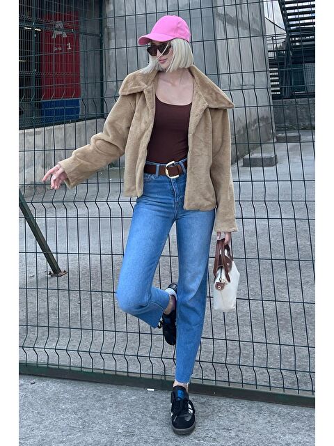 Madmext Vizon Yakalı Yumuşak Dokulu Astarlı Kadın Pelüş Kürk Mg2178 - S000437732-26429