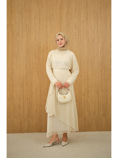 Locco Moda Kadın Kendinden Desenli Etekli Takım Krem