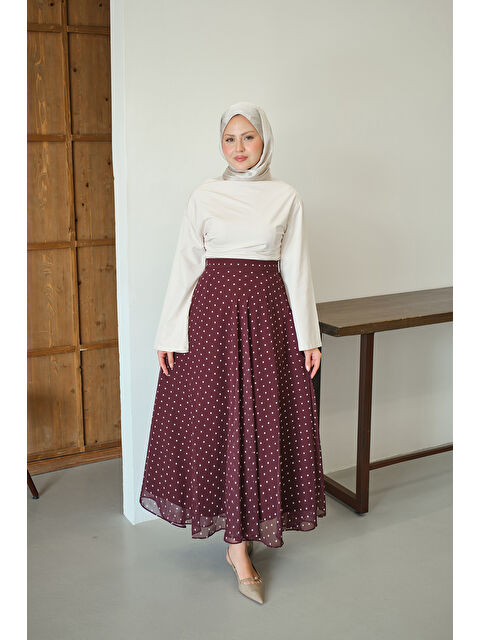 Locco Moda Kadın Puantiye Detay Şifon Etek Bordo