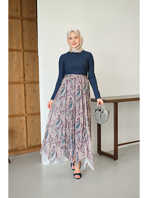 Locco Moda Kadın Asimetrik Kesim Etnik Desenli Şifon Etek Mor