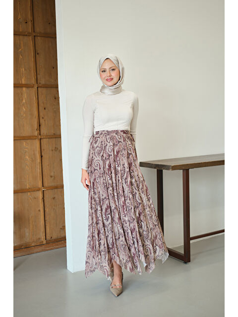 Locco Moda Kadın Asimetrik Kesim Etnik Desenli Şifon Etek Kahverengi