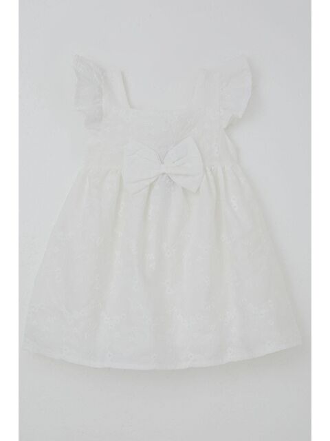 Breeze Kız Çocuk Dantel Elbise Fiyonk Aksesuarlı Çiçek Nakışlı Ekru (3-8 Yaş)