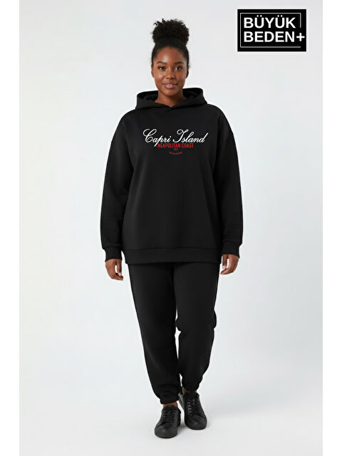 Süperlife Kadın Büyük Beden Kapüşonlu Capri Island Baskılı ince Swatshırt SPR26BSWK957-14