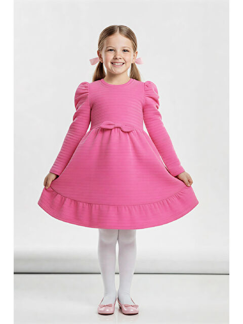Modanino Kız Çocuk Elbise -Vatka Omuzlu-Fiyonk Detaylı 2-10 Yaş 12530 - S000516731-20022