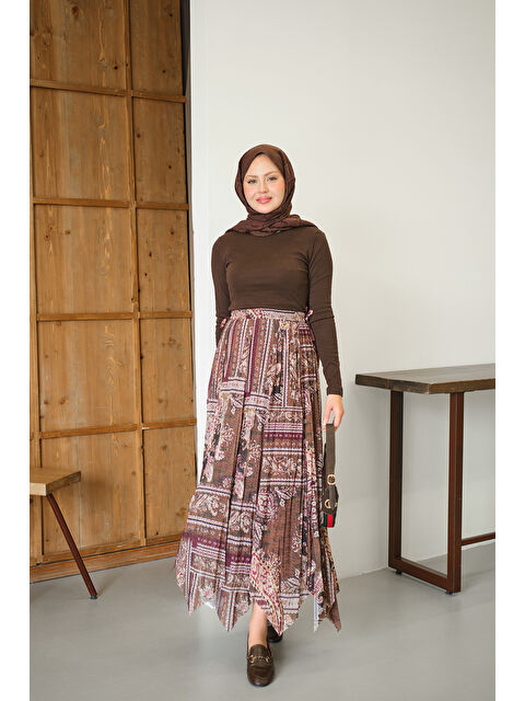 Locco Moda Kadın Etnik Desen Asimetrik Kesim Şifon Etek Mürdüm