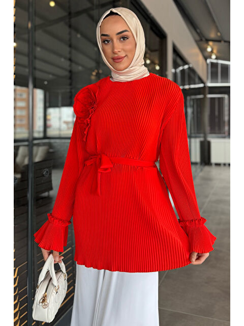 Julude Yaka Gül Detaylı Piliseli Kol Lastikli Tesettür Tunik - S000365154-20048