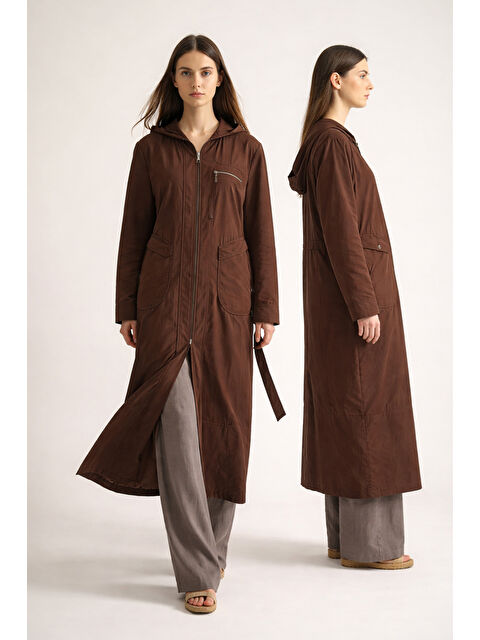 Remsa Kapüşonlu Yuvarlak Torba Cepli Fermuarlı Safari Kap 813 Kahverengi