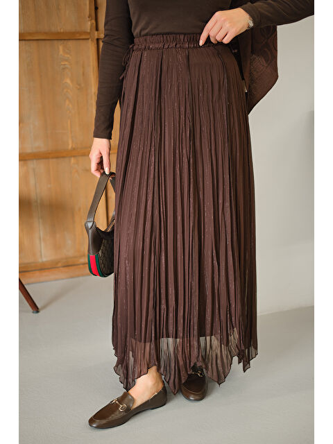 Locco Moda Kadın Yanları Bağcık Detay Simli Şifon Etek Kahverengi