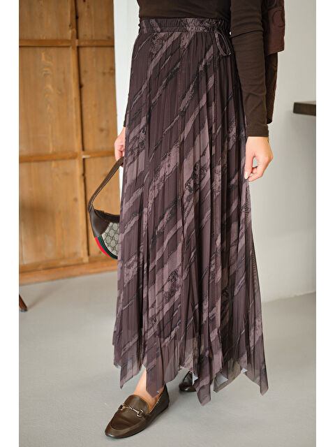 Locco Moda Kadın Kalın Fırça Desen Asimetrik Kesim Şifon Etek Kahverengi