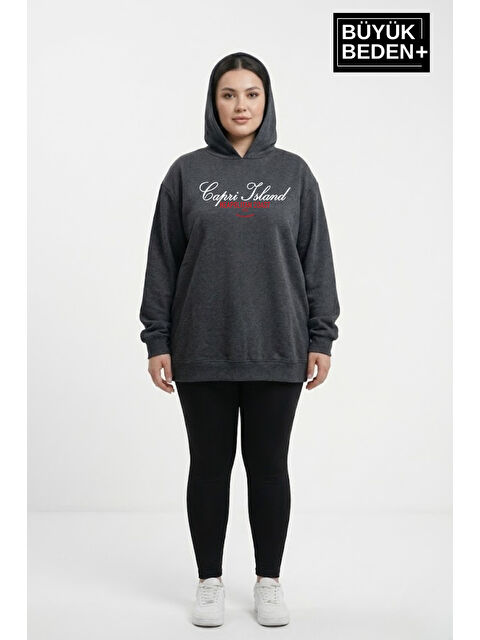 Süperlife Kadın Büyük Beden Kapüşonlu Capri Island Baskılı ince Swatshırt SPR26BSWK957-14