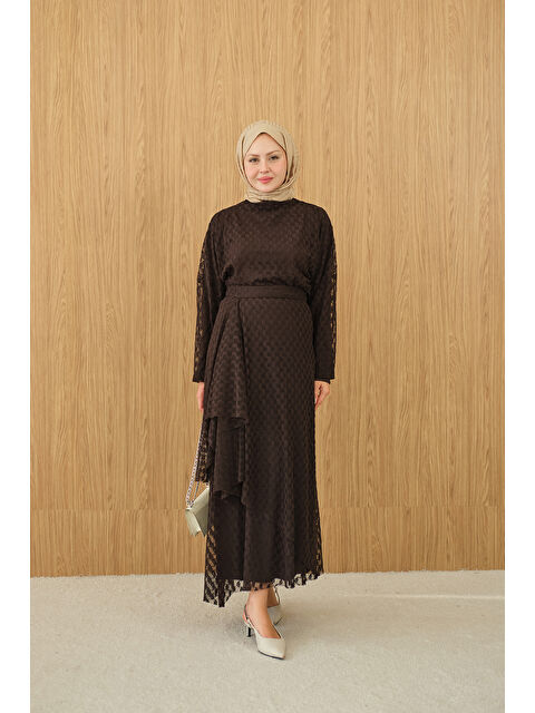 Locco Moda Kadın Kendinden Desenli Etekli Takım Kahverengi