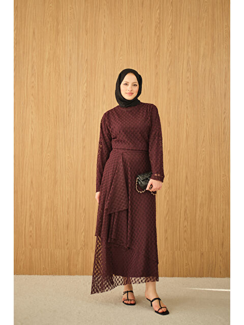 Locco Moda Kadın Kendinden Desenli Etekli Takım Bordo