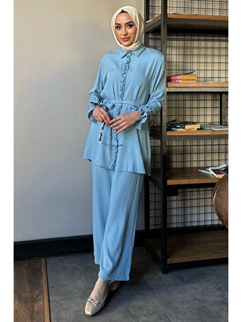 Julude Tesettür Bel Kuşaklı Taşlı Tunik Pantolon İkili Takım - S000386573-17437