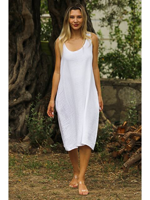 Chiccy Beyaz Atlet Yaka Kolsuz Yıkamalı Dokuma Casual Müslin Elbise - S000359055-20063